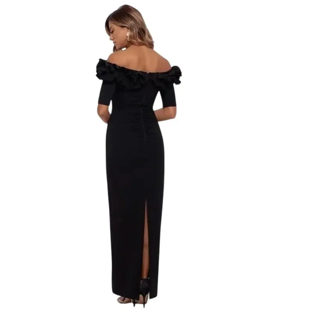 Xscape Women's Scuba Crepe Ruffled Off-the-Shoulder Gown Black Size 12 NWT - Picture 3 of 10